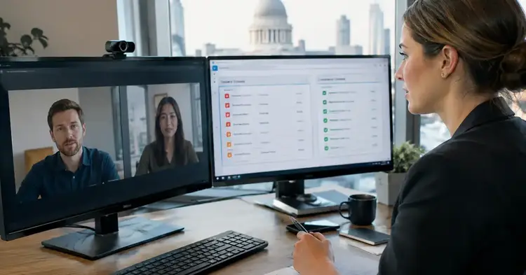 UK operations director in a London office on a video call with two offshore colleagues, reviewing a queue of exceptions flagged for human review by an automated workflow