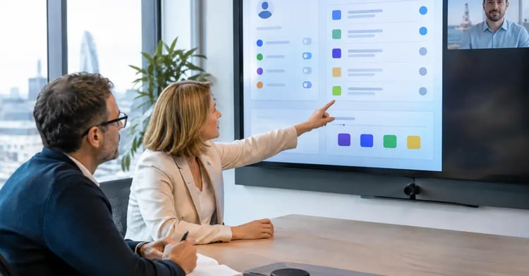 Operations and technology leaders in a London meeting room reviewing an AI assistant's access permissions and approval queue, with an offshore team lead on video