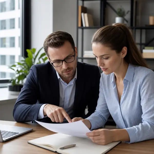 Two colleagues reviewing a service contract clause together at a desk