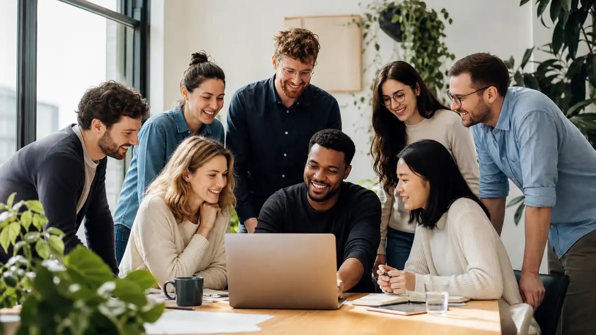 A small dedicated team working closely together in a bright modern office