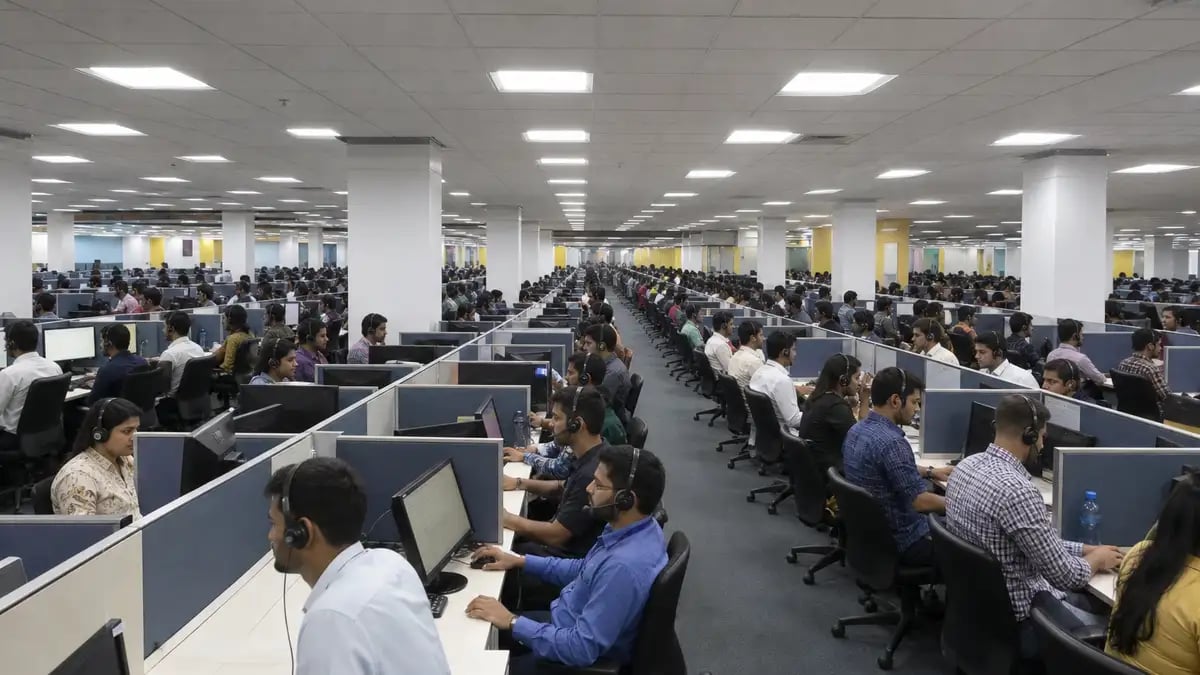 A large multi-tenant outsourcing delivery floor with rows of agents at identical workstations