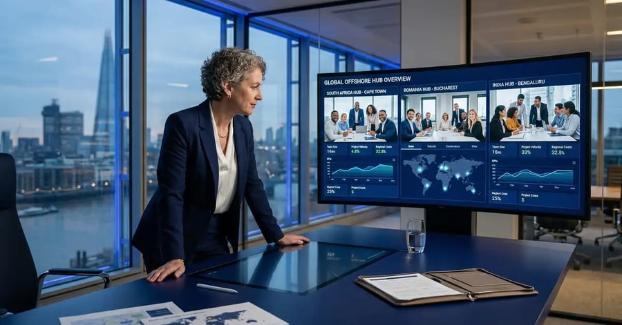 CEO reviewing offshore team strategy dashboard in modern London office with global hub locations displayed on screen