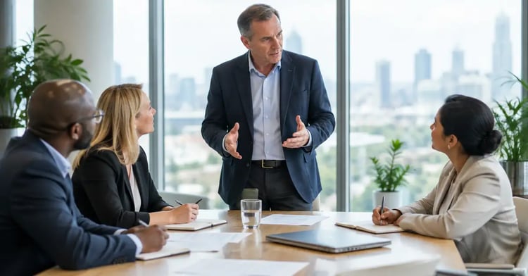 A chief executive talking through plans with three senior colleagues around a meeting table in a bright office