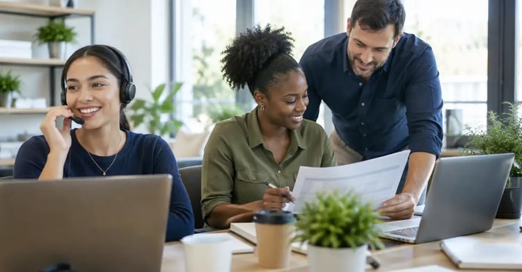 A guest services team member on a headset call while two colleagues review a booking schedule in a bright office