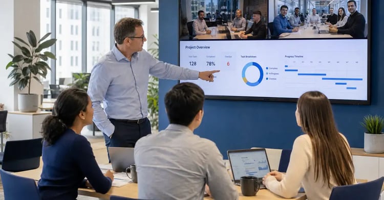 A business manager and an integrated offshore team collaborating over a shared project dashboard in a modern office, illustrating the embedded offshore team model