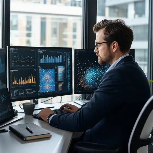 A data engineer working on energy data pipelines at a multi-monitor workstation