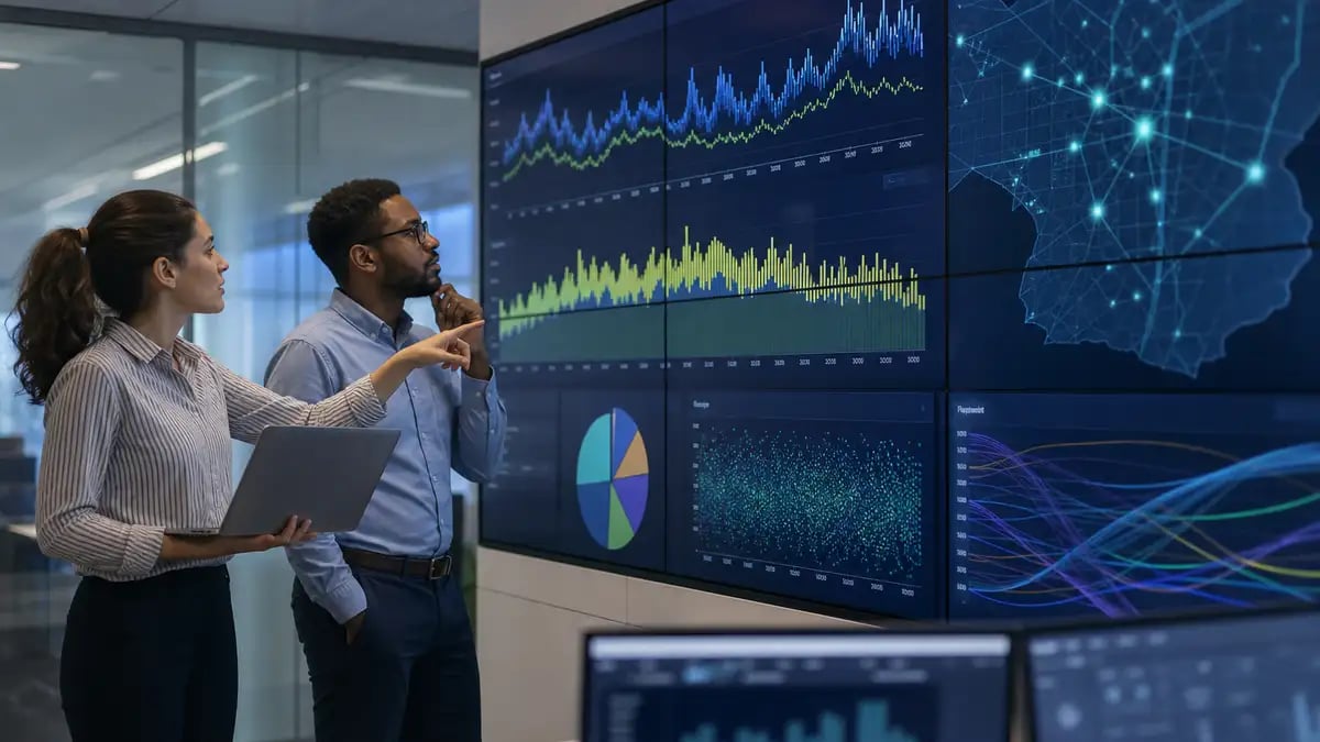 Data engineers reviewing energy consumption and metering data on large screens in an operations room