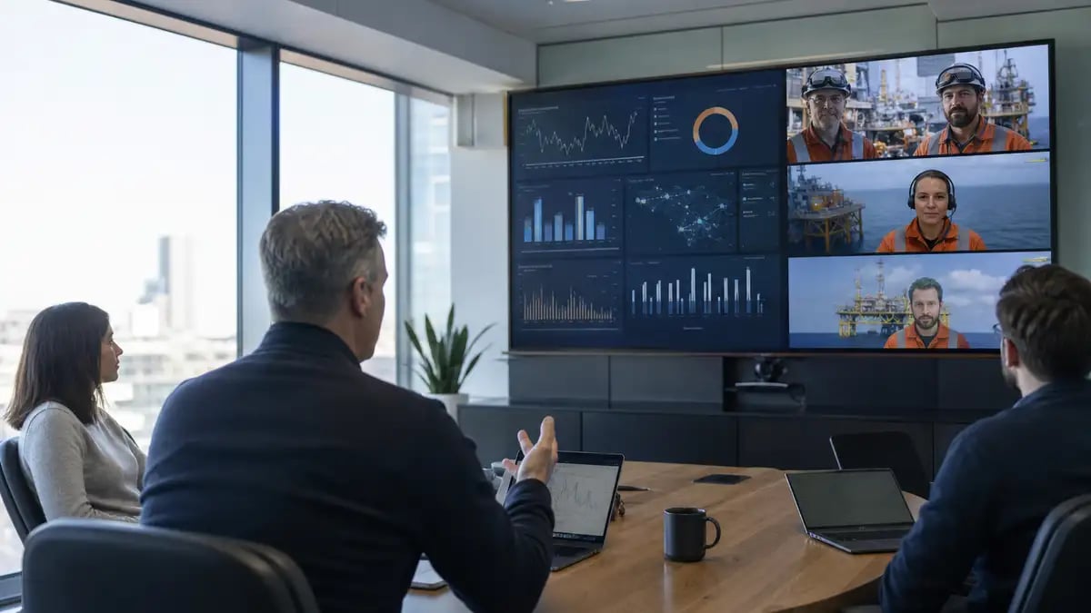 A UK energy data lead collaborating with an embedded offshore data team over video