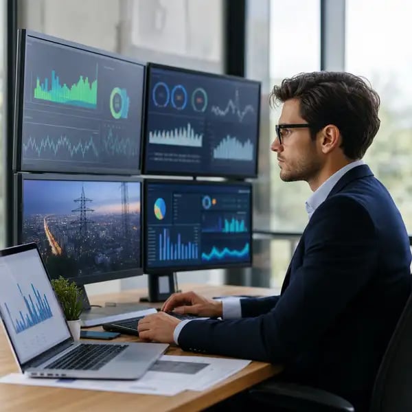 Offshore data analyst reviewing energy consumption and smart-meter data on multiple screens