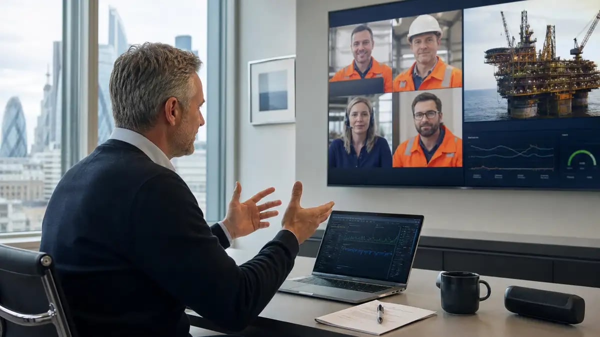 A UK energy manager collaborating with an embedded offshore team over video as one integrated team