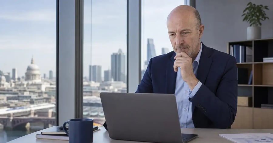 A business leader reviewing international employment and hiring options in a modern UK office