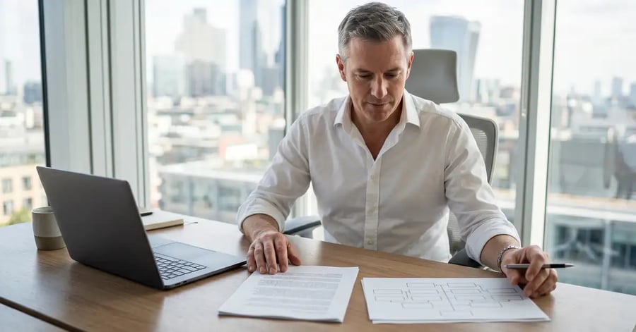 A UK operations director comparing an employment contract with a team structure plan in a modern office
