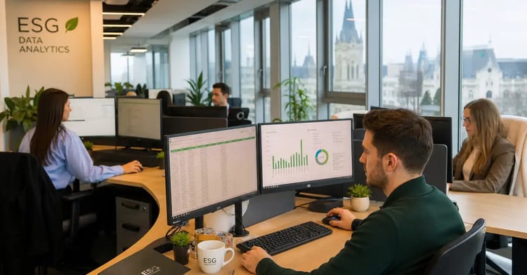 ESG data analysts working in a modern office in Iasi Romania for Evora Global
