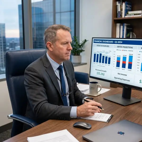 CFO reviewing gross margin comparison dashboard showing onshore-only versus blended offshore model improvements