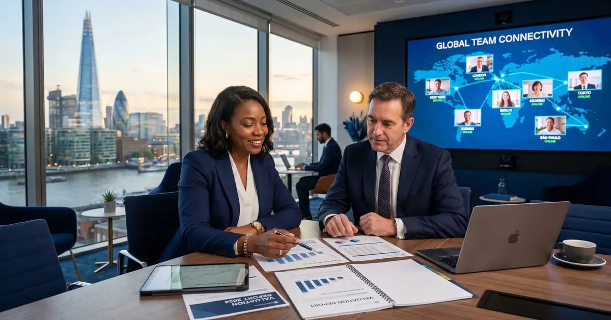 CEO and CFO reviewing exit valuation documents in a modern London office with global offshore team connections displayed on screen