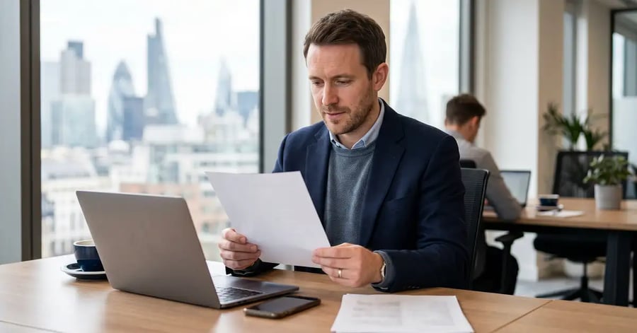 A UK founder at his desk comparing options on a printed document, laptop open, London skyline behind