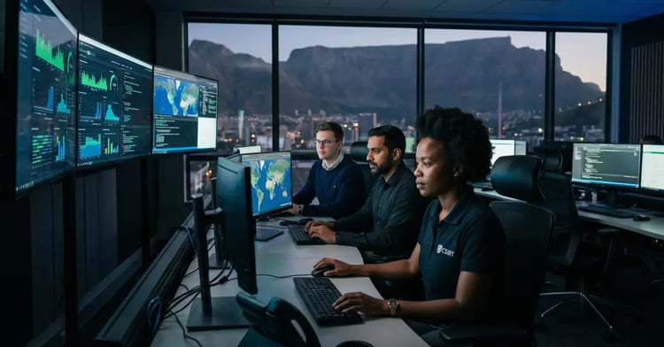 Cybersecurity operations centre in Cape Town with diverse team of security analysts monitoring network dashboards