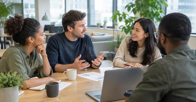Four colleagues around a meeting table in a bright office, talking through how to grow their team