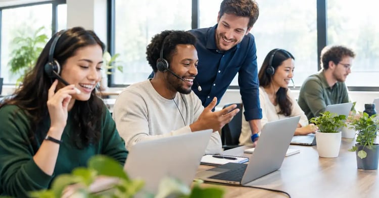 Sales team members on headset calls in a bright office while their team leader looks on and encourages them