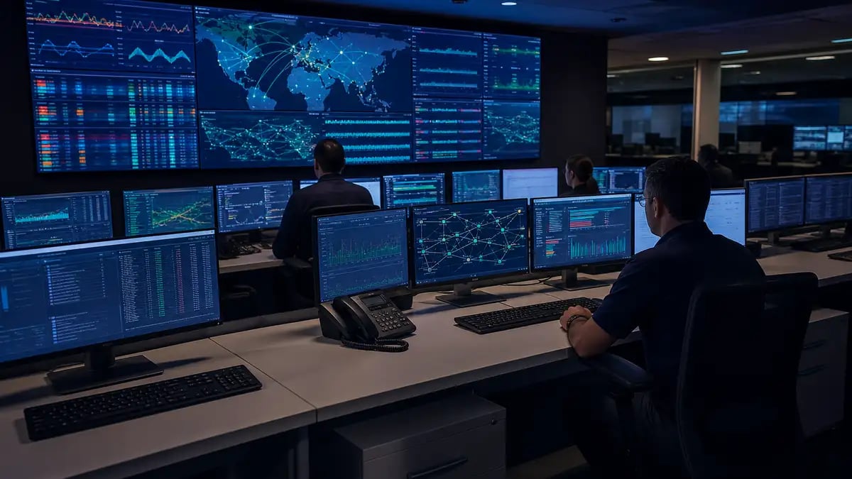Engineers monitoring network status on wall screens in a network operations centre at night