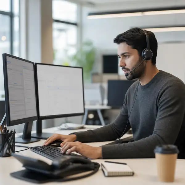 An IT support engineer wearing a headset handling a ticket at a workstation