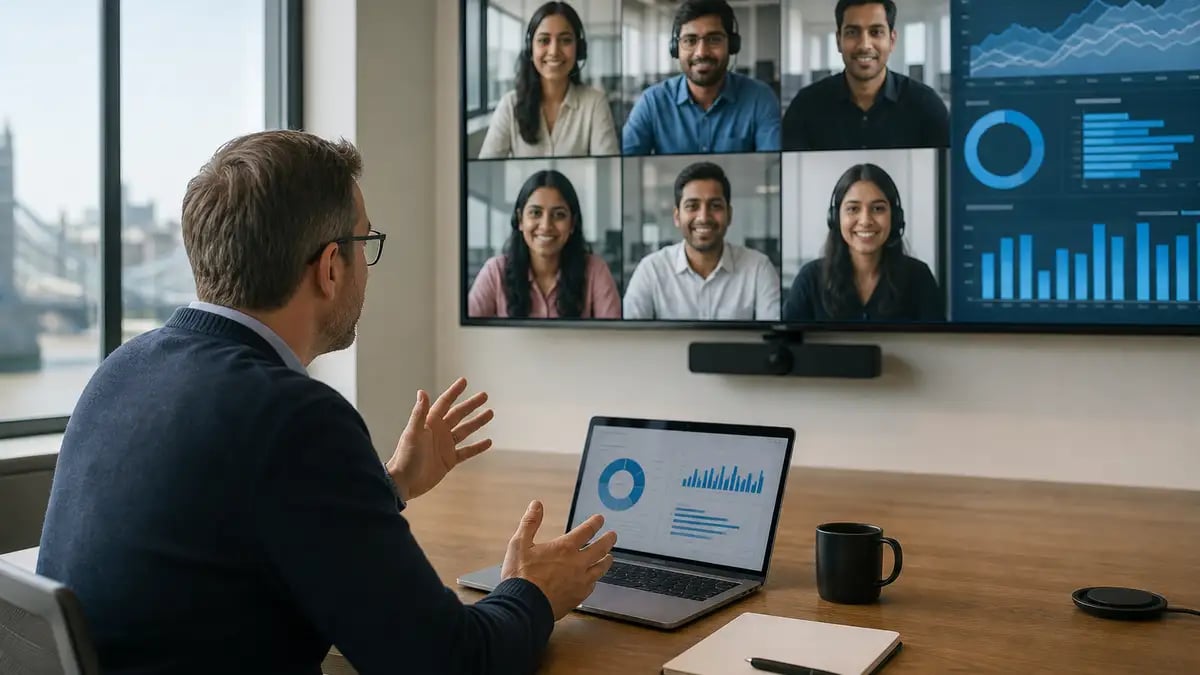 A UK service delivery manager collaborating with an embedded offshore IT support team