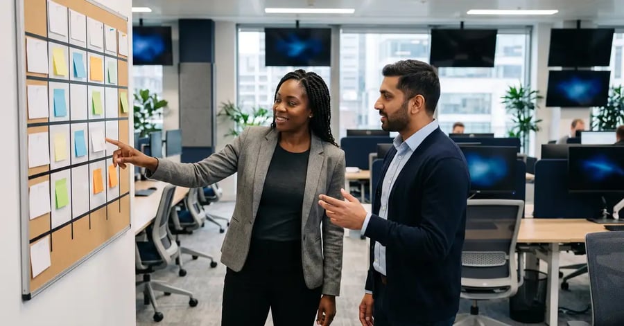 An IT operations manager and colleague reviewing a shift rota in a UK service desk office