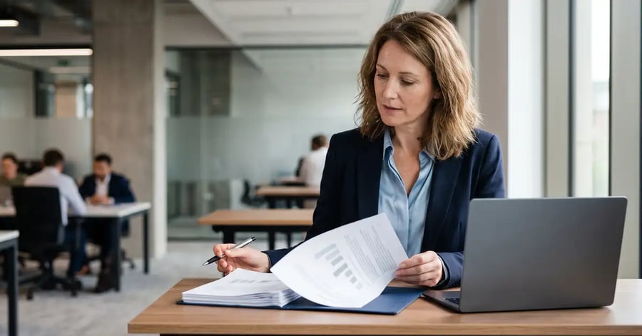 A finance director reviewing a printed report at her desk in a modern UK office
