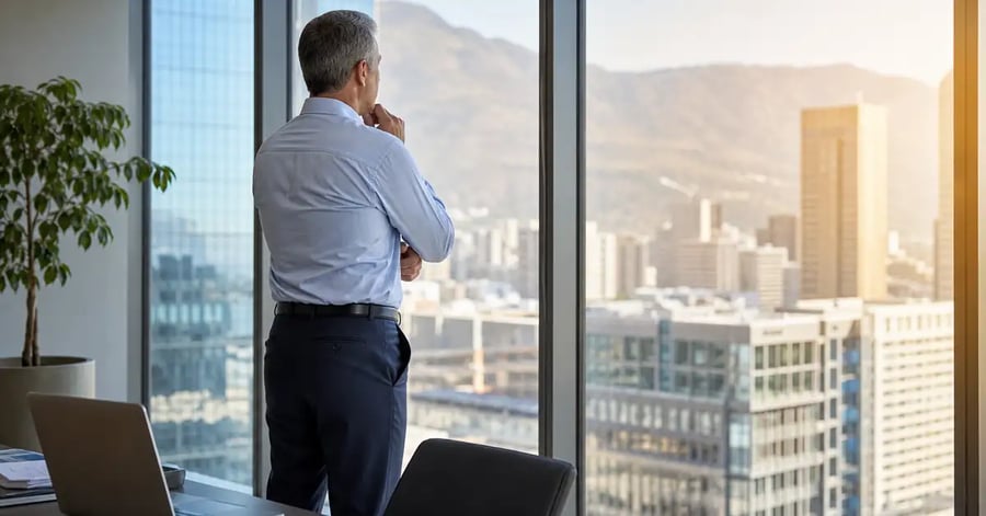 A business leader at a window considering a strategic location decision, city skyline beyond