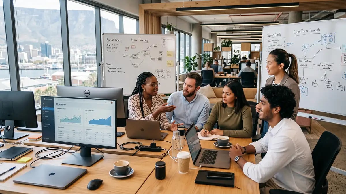 Collaborative team environment in a Cape Town office with professionals working together at modern workstations