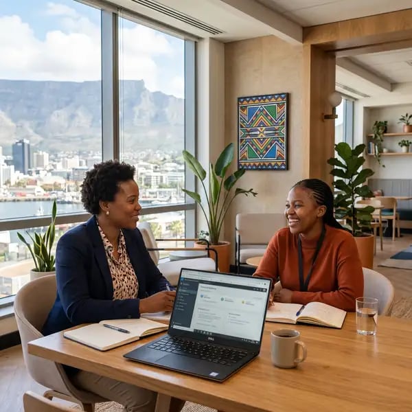 HR Business Partner conducting a one-on-one meeting with an offshore team member in a Cape Town office