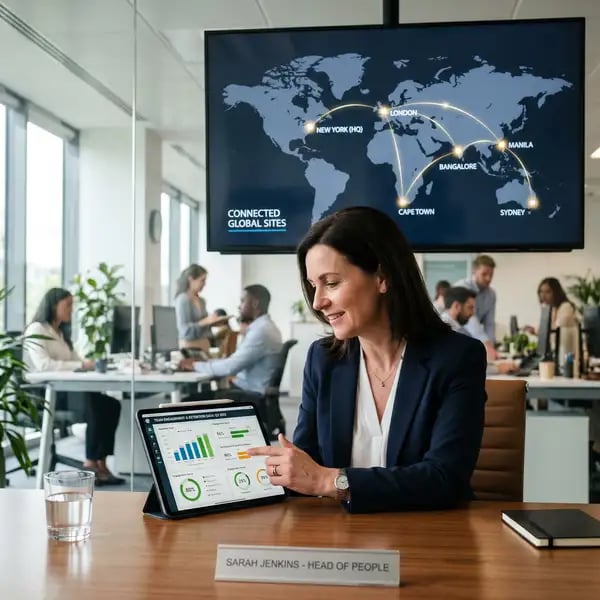 Head of People reviewing team retention and engagement metrics with global offshore locations connected on a world map
