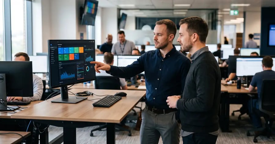 Two IT engineers reviewing a monitoring dashboard together in a managed services operations room
