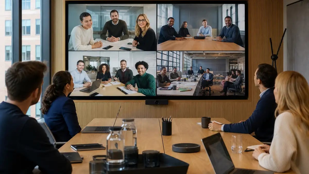 Several teams in different offices joining one video meeting, illustrating a multi-hub operation