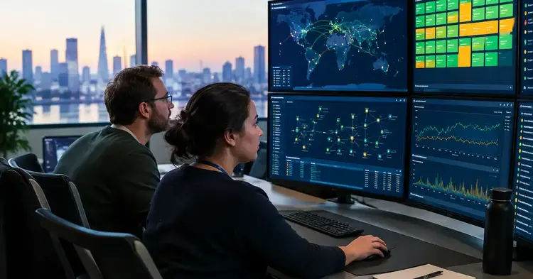 Two network engineers in a network operations centre at dawn monitoring network maps, status tiles and latency graphs across a wall of screens