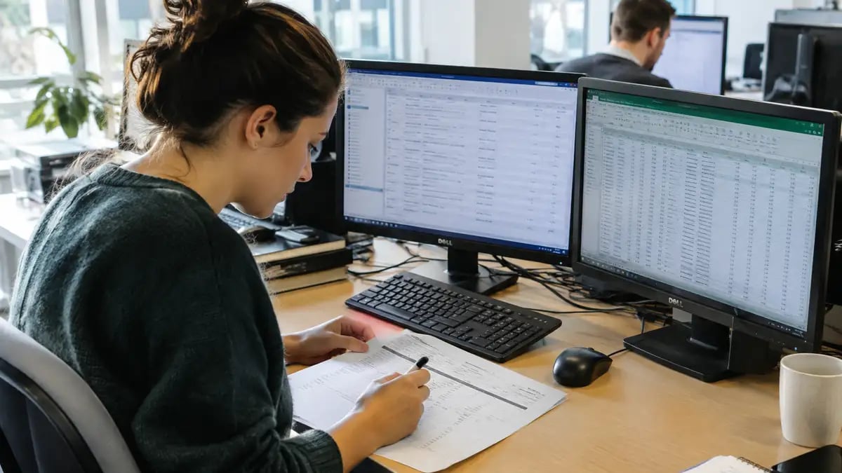 Offshore research analyst checking a survey data file against a printed data processing specification before the output goes to the UK team