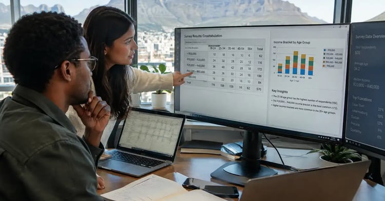 Two data analysts in a Cape Town office reviewing survey cross-tabulations on large monitors, with Table Mountain visible through the window