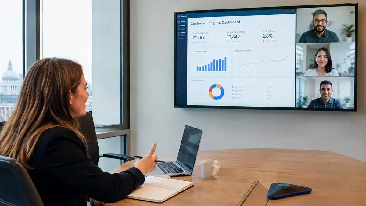 UK insight consultant in a London meeting room reviewing a client dashboard on a video call with her offshore data analytics team