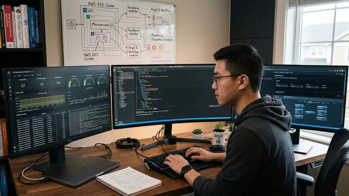 A software engineer working on modern cloud infrastructure with multiple monitors displaying Kubernetes dashboards, deployment pipelines, and code editors