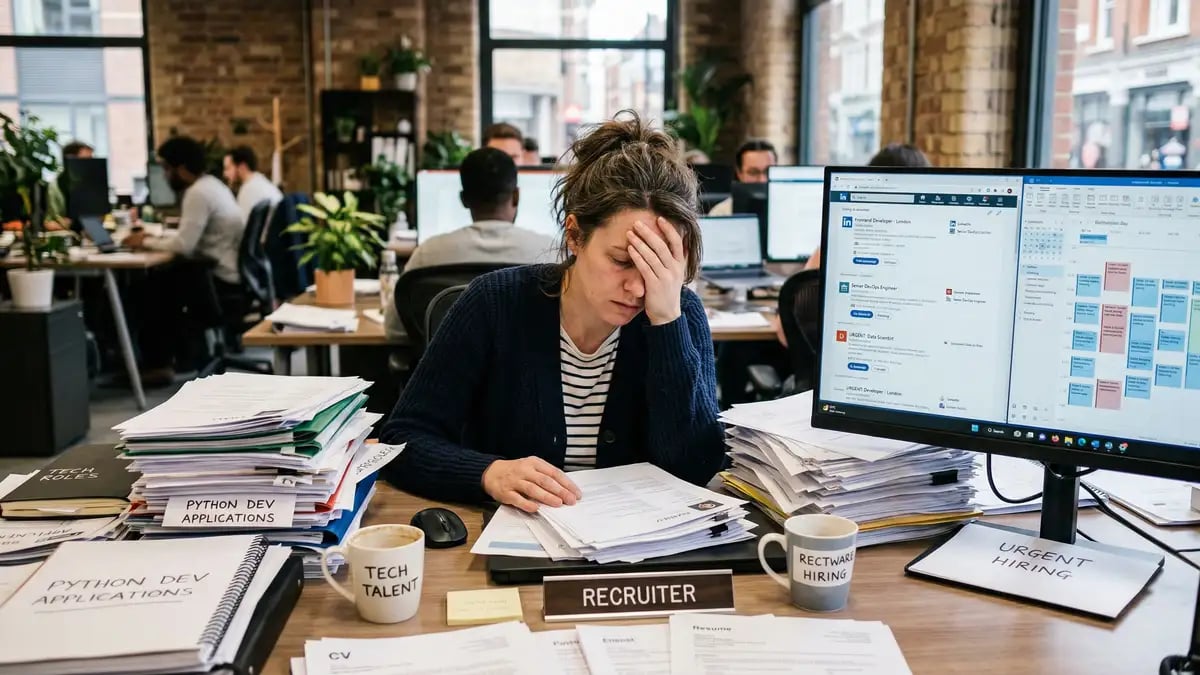 A UK tech recruiter surrounded by stacks of CVs and job applications, looking overwhelmed at their desk while searching for software engineers, illustrating the acute talent shortage
