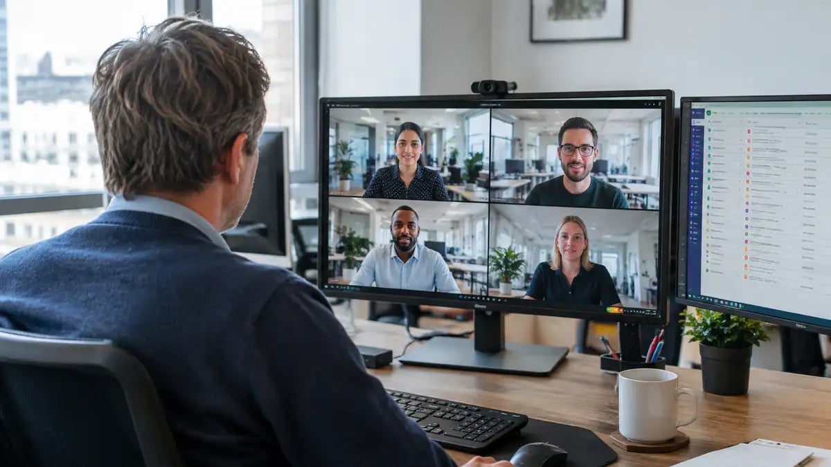 A UK operations manager on a video call with his embedded offshore team, directing their work from a shared queue
