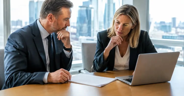 A UK chief operating officer and finance director reviewing an outsourcing contract together in a London office, weighing the pros and cons