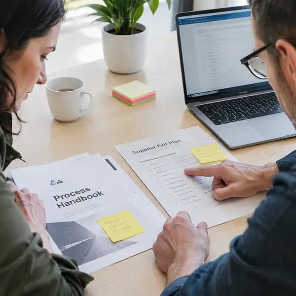 Two colleagues reviewing a printed process handbook and a supplier exit plan, the documents that keep outsourced process knowledge in your hands
