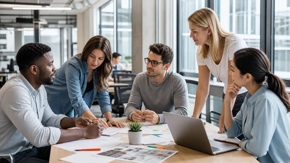 An established, integrated team collaborating in a modern open-plan office