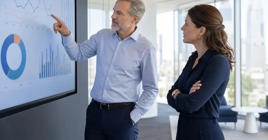 A UK business leader and team lead reviewing team growth and hiring options in a modern office