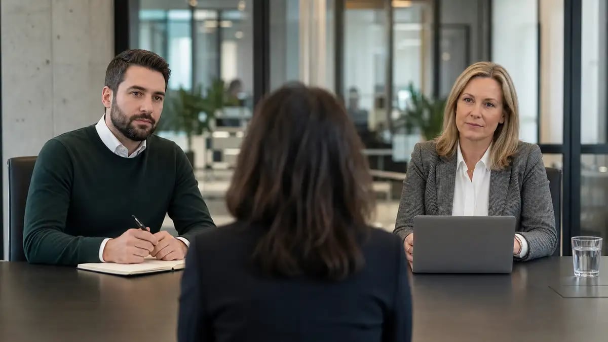 A job interview in a modern UK office, illustrating the recruitment agency placement model