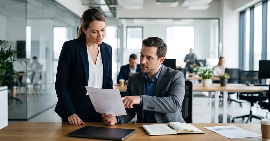 Two consultants reviewing a document together at a desk in a bright modern professional services office
