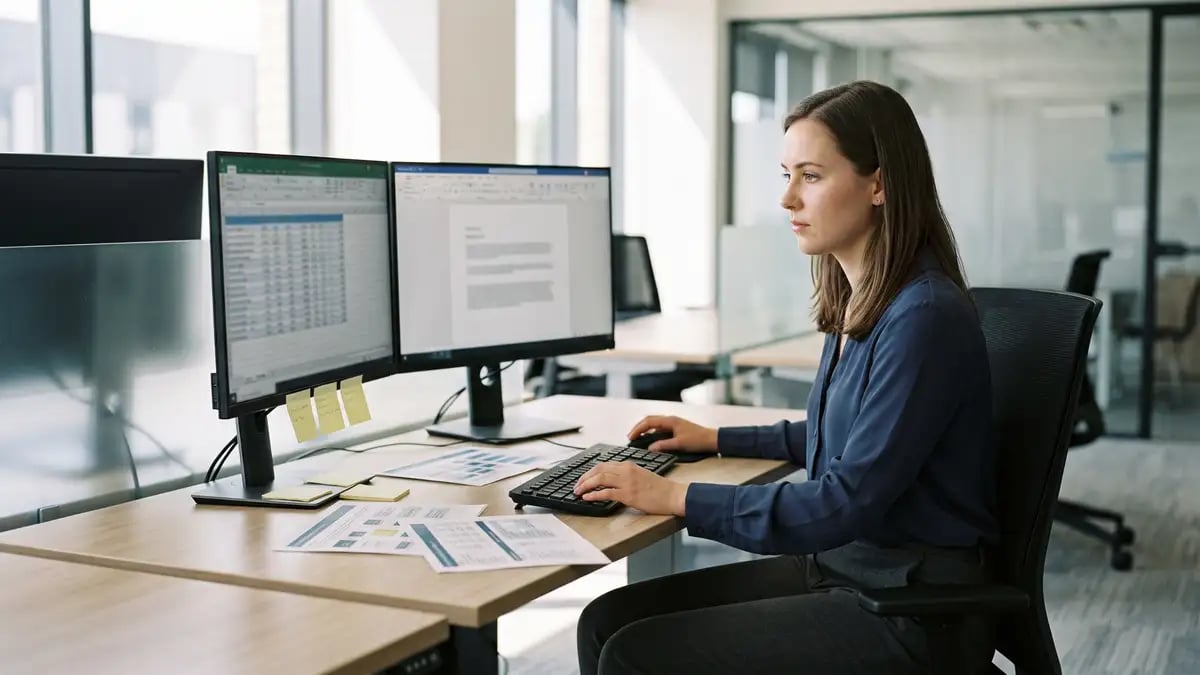 Research analyst preparing supporting material at a dual-monitor desk