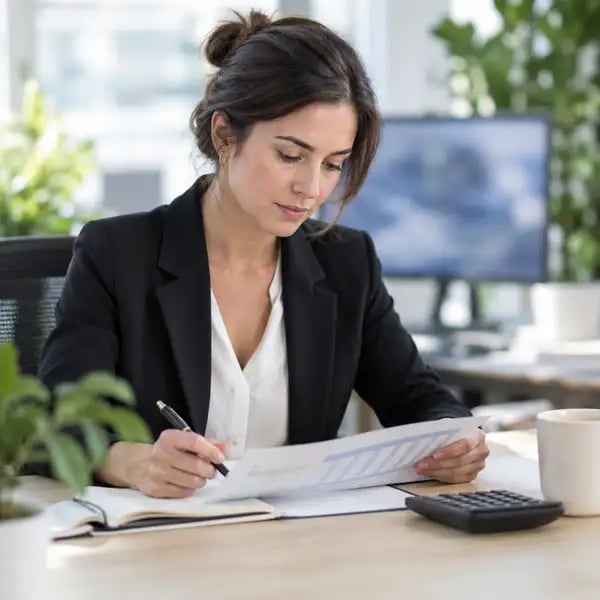 An accountant checking a printed schedule against her notes at a desk in a bright office