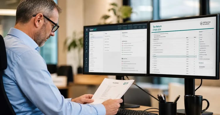 Professional accountant reviewing financial reports at a modern office desk with dual monitors